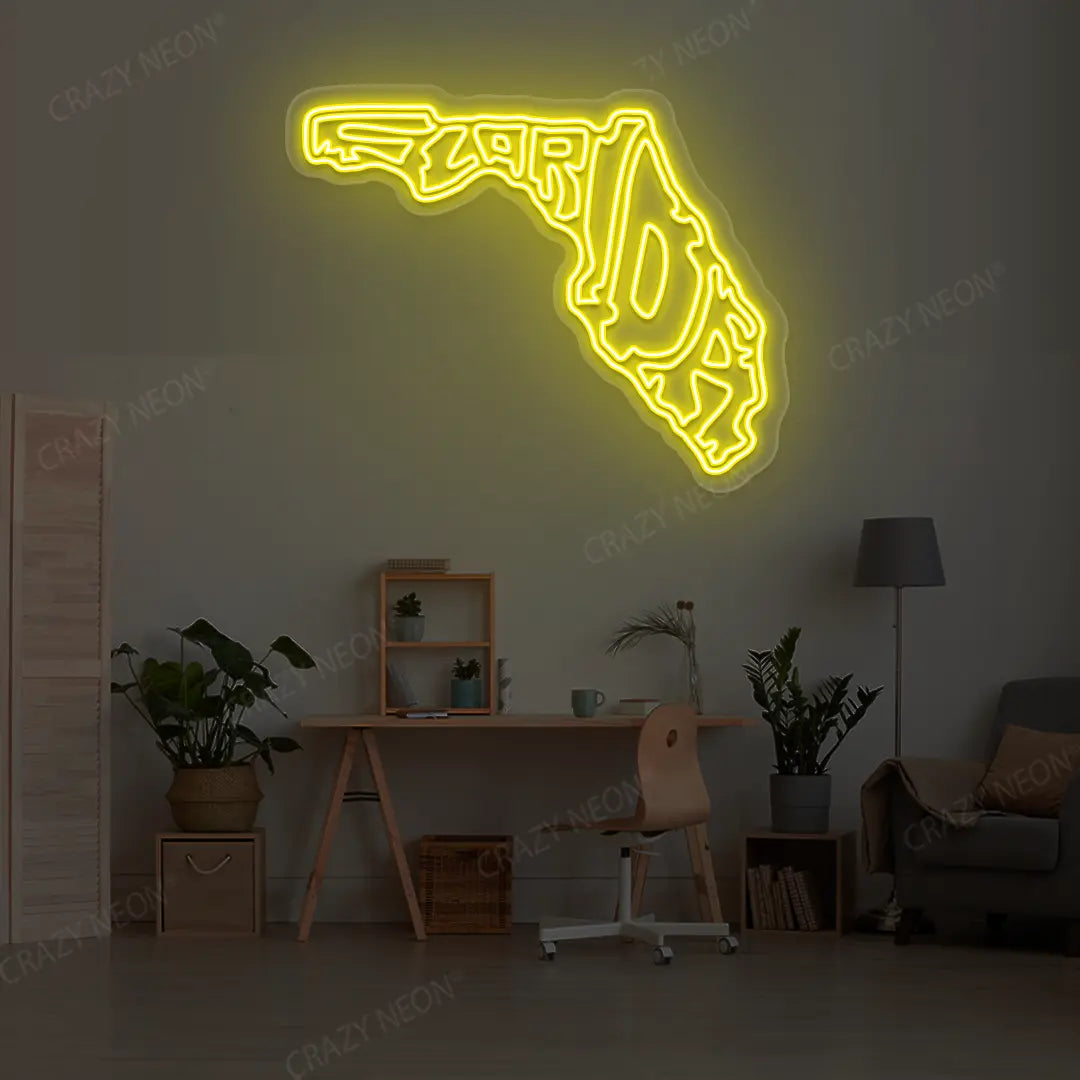 FLORIDA Map Neon Sign lighting up in yellow color in a room