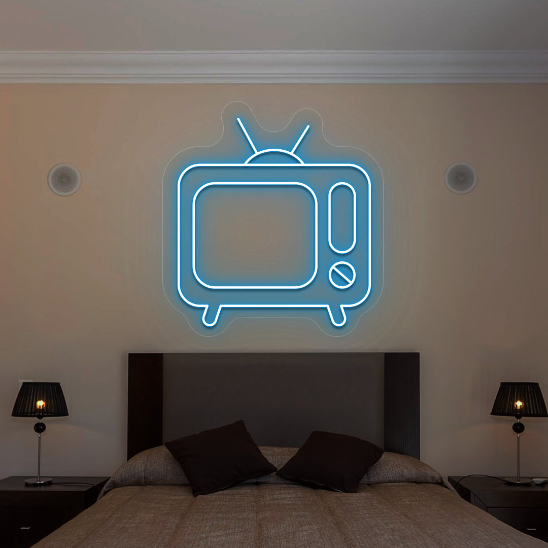 ice blue retro tv vintage neon sign mounted on a wall