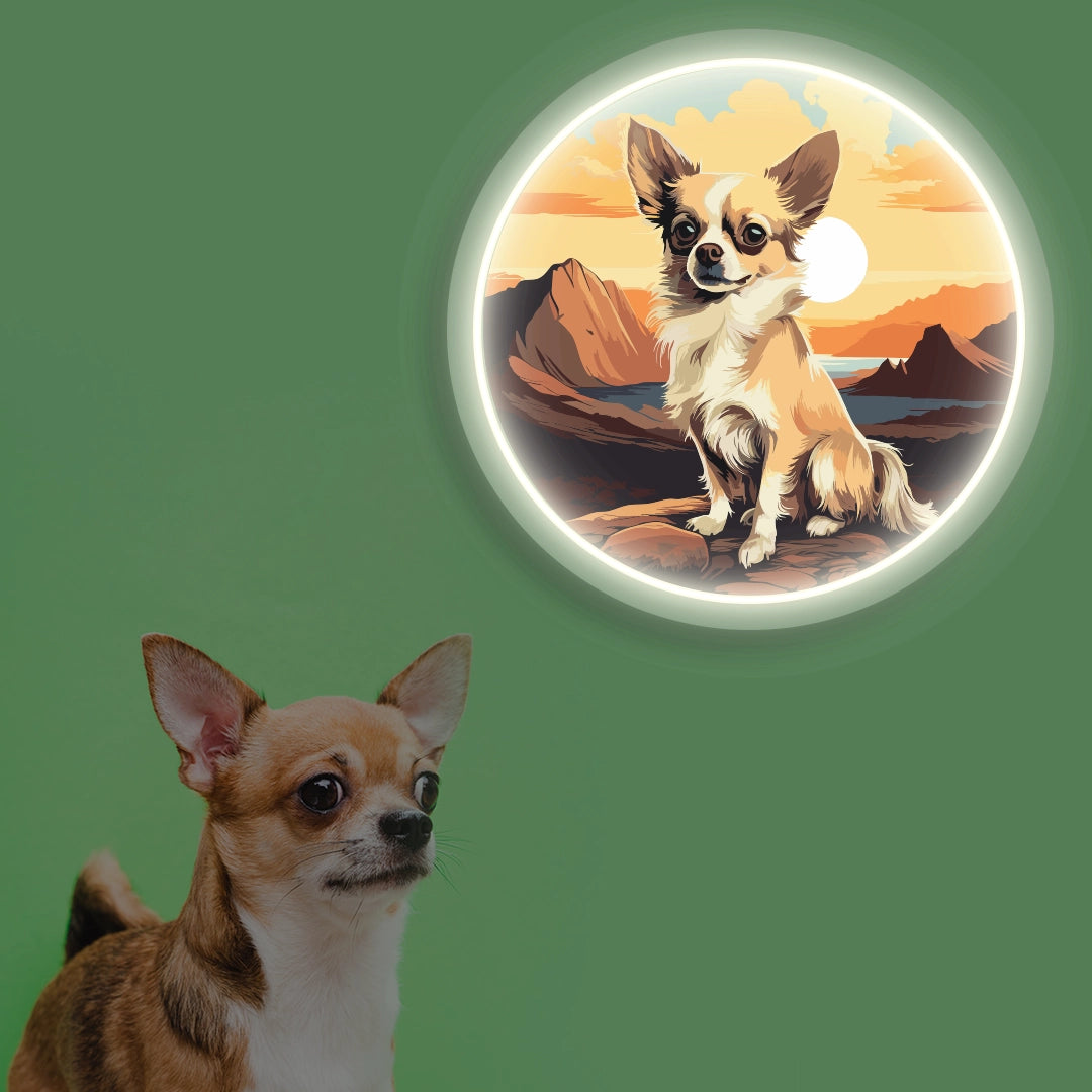 Sunset Canyon Long Coat Chihuahua Neon Artwork in Warmwhite color