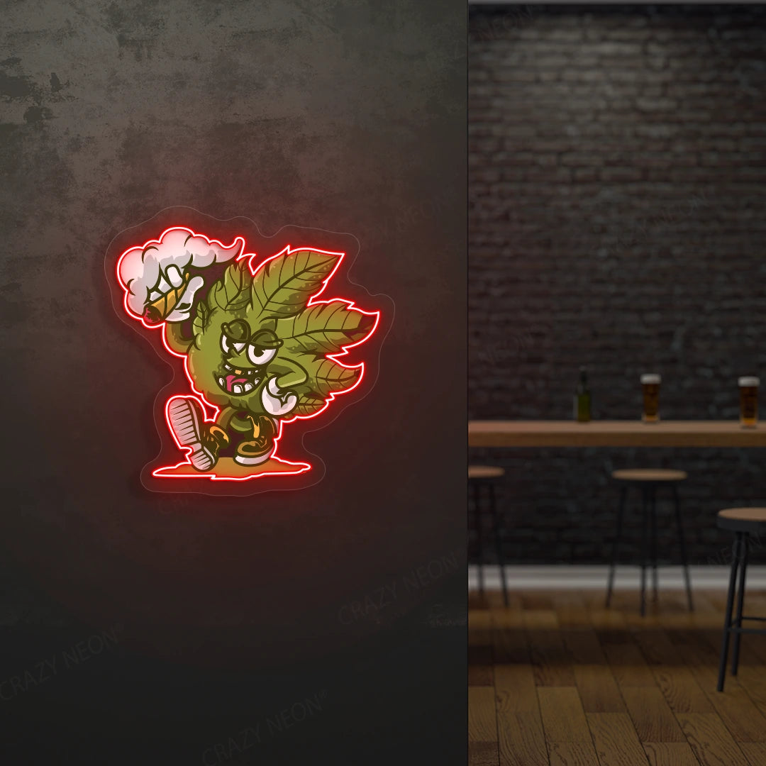 Cool Weed Leaf Character Neon Artwork in red Color