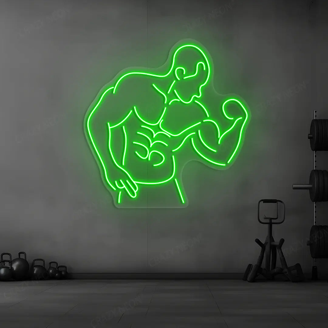green muscle man flex neon sign mounted on a wall