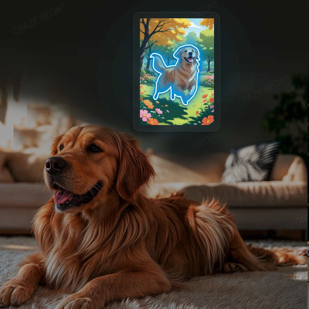 Golden Retriever Garden Portrait Neon Artwork in Iceblue