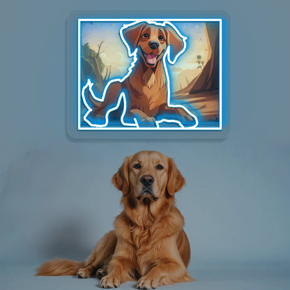 Golden Retriever Portrait Neon Artwork in iceblue color