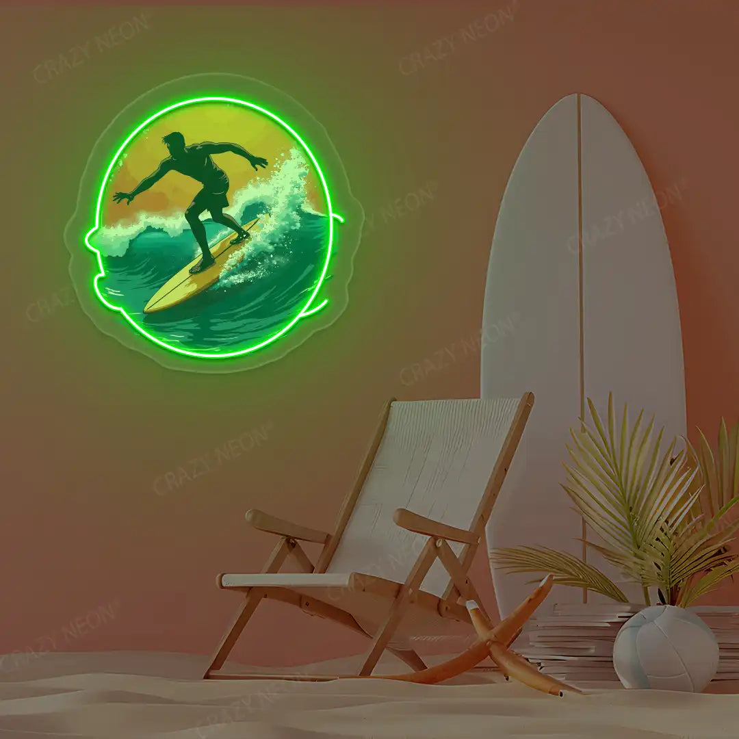 green surfer catching wave neon artwork mounted on a wall