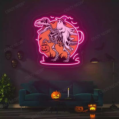 Spooky Dino Rider Neon Artwork | Pink
