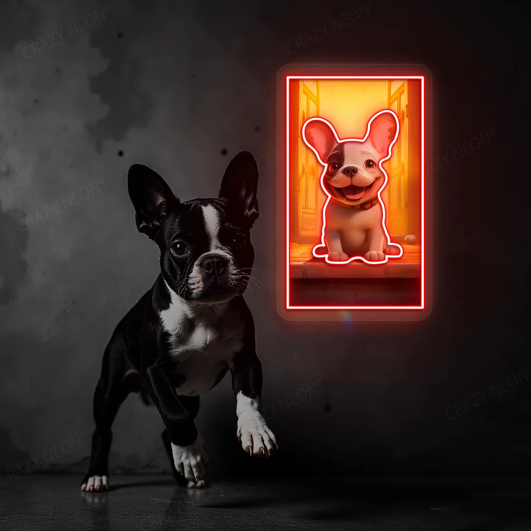 Happy French Bulldog Neon Artwork in red Color