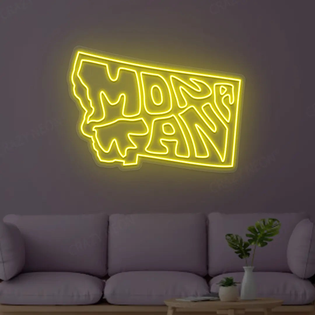 MONTANA Map Neon Sign lighting up in yellow color in a room