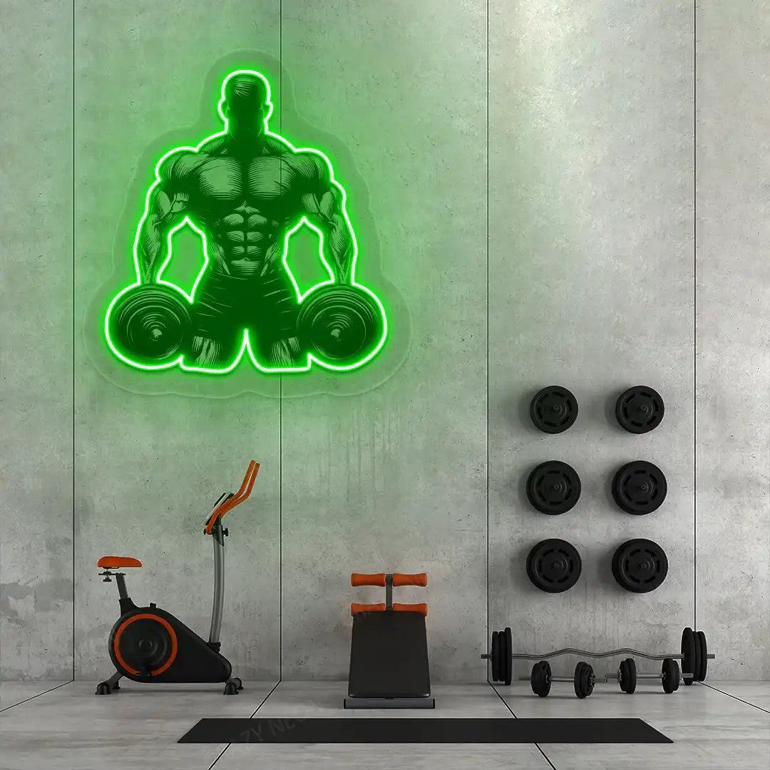 green muscle man dumbbell gym neon artwork mounted on a wall