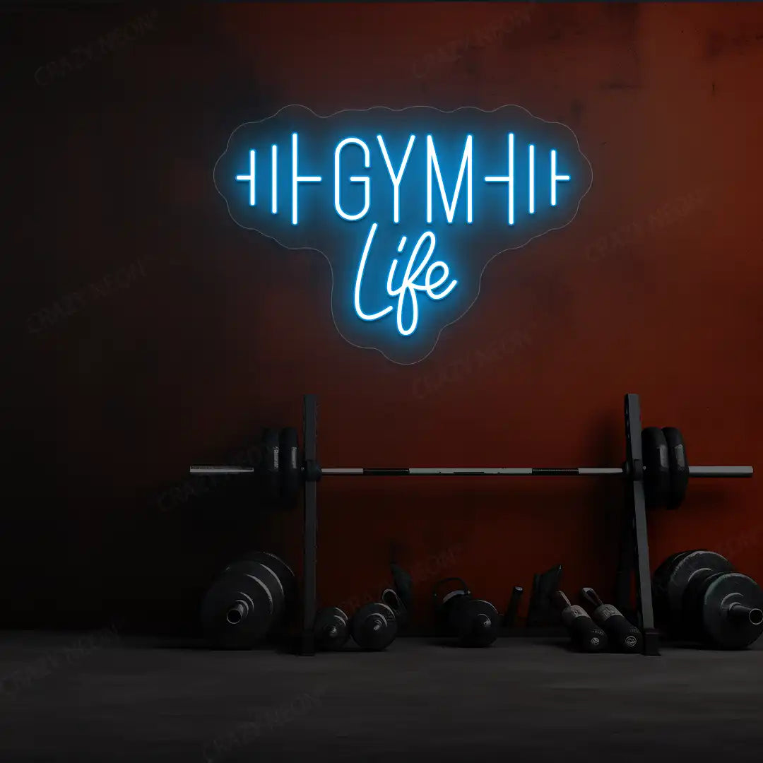 ice blue gym life neon sign mounted on a wall