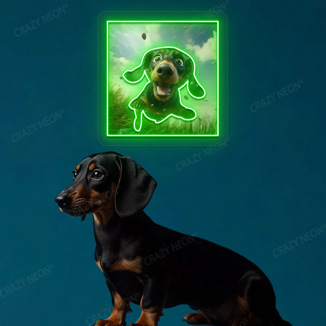 Happy Dachshund Neon Artwork in Green Color