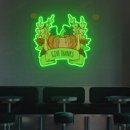 Pumpkin harvest give thanks neon sign in green