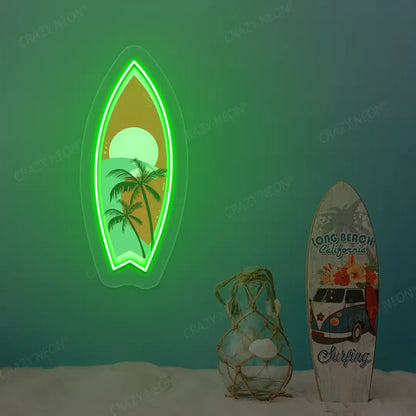 green tropical surfboard neon artwork mounted on a wall