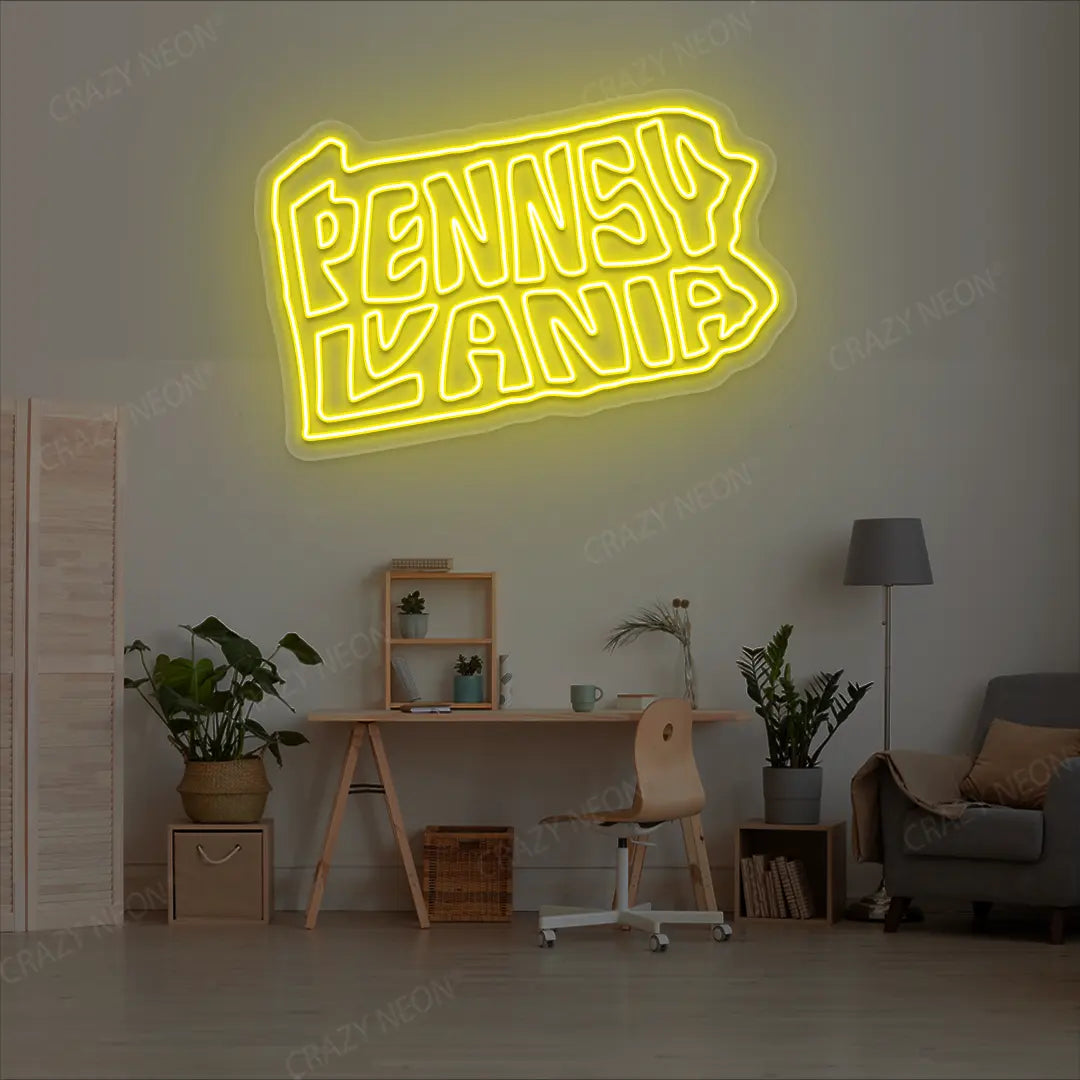 PENNSYLVANIA Map Neon Sign lighting up in yellow color in a room
