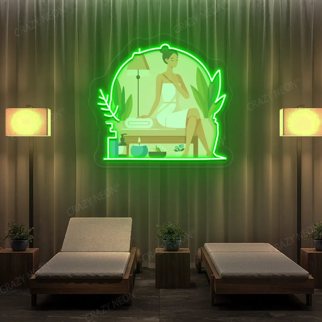 Spa Lounge Neon Artwork lighting up in green color in a spa room