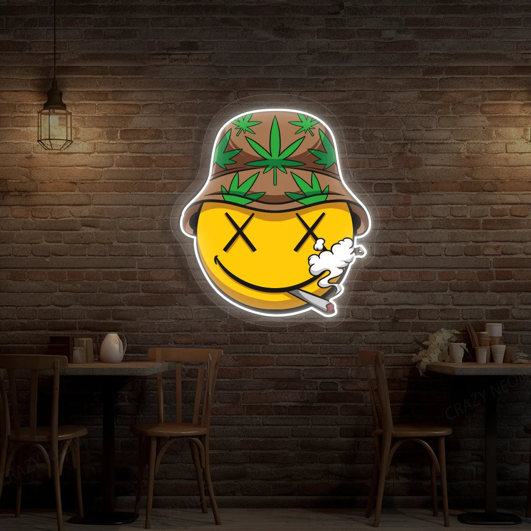 Smiley Stoner Weed Neon Artwork in White color