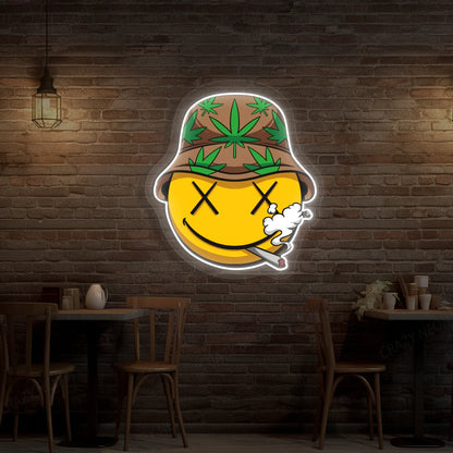 Smiley Stoner Weed Neon Artwork in White color