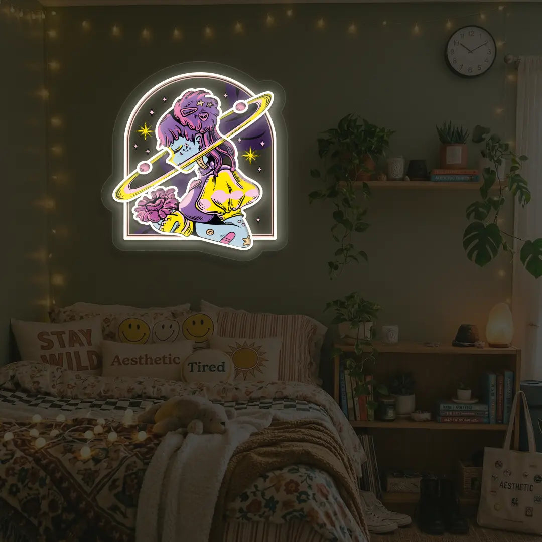 Galactic Girl Neon Artwork in White color