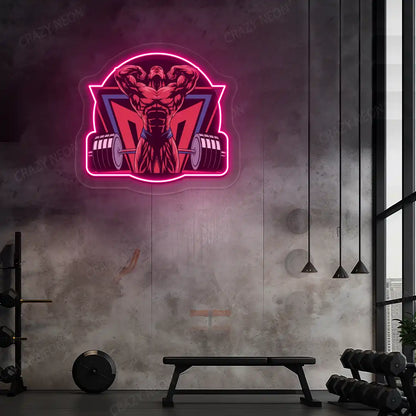 pink powerlifter era gym neon artwork mounted on a wall