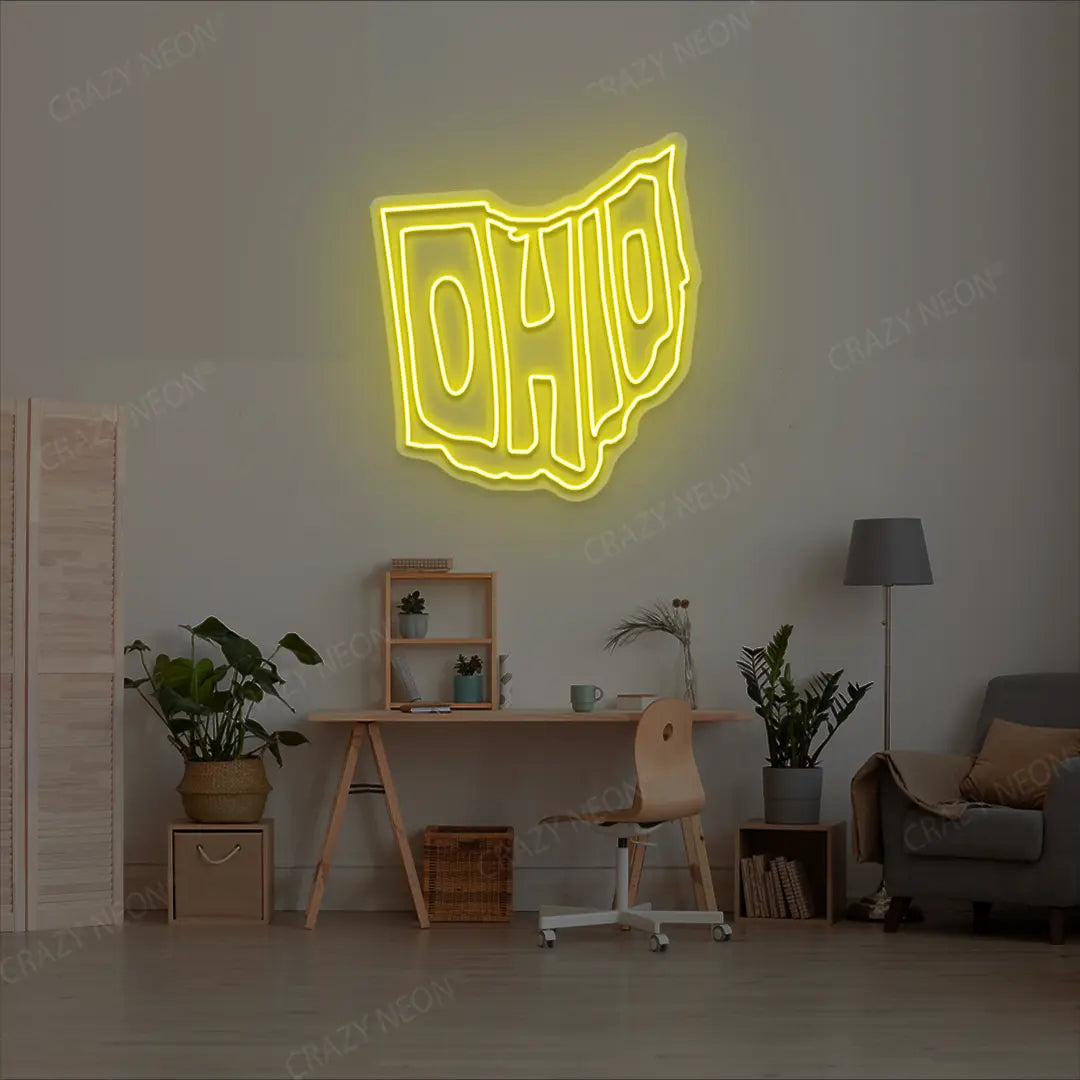OHIO Map Neon Sign lighting up in yellow color in a room