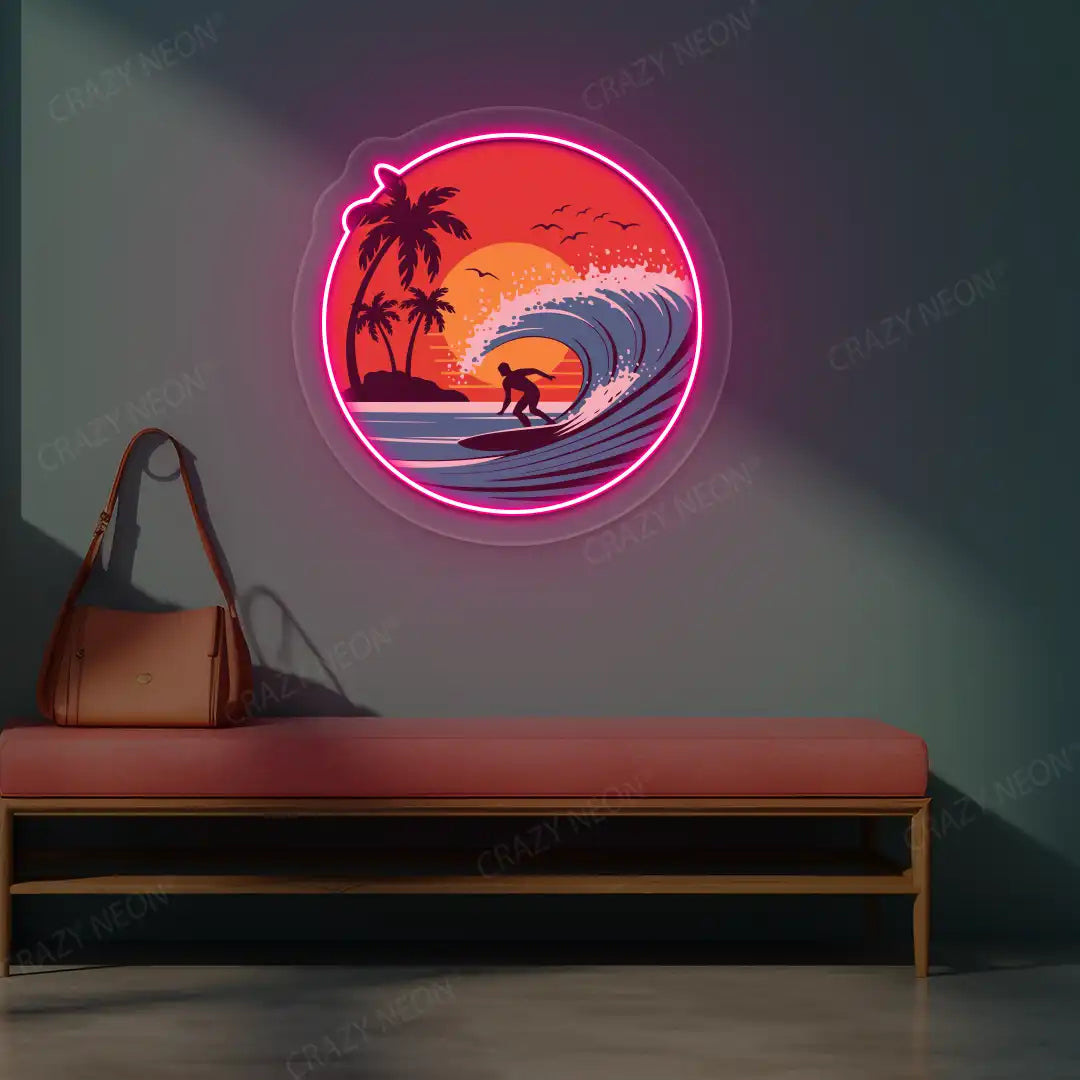 pink sunset surfer riding wave neon artwork mounted on a wall