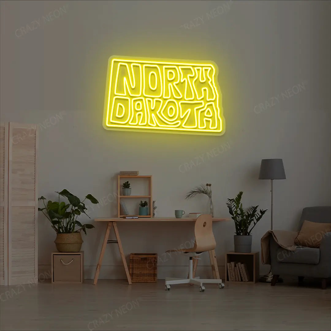 NORTH DAKOTA Map Neon Sign lighting up in yellow color in a room