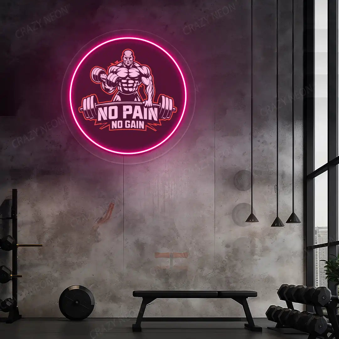 pink no pain no gain gym neon artwork mounted on a wall