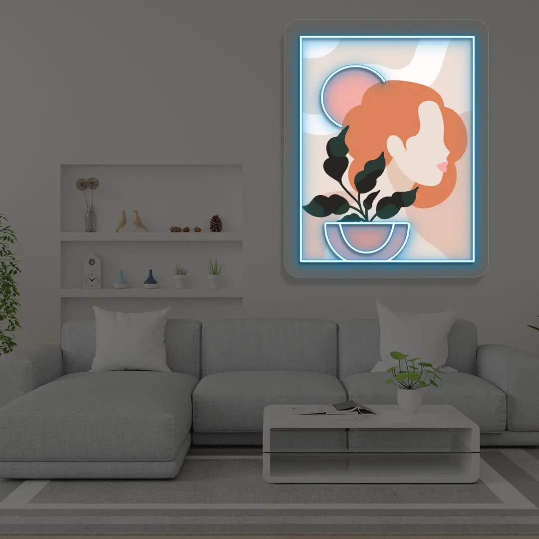 Flora Portarit Abstract Neon Artwork Sign in Iceblue color