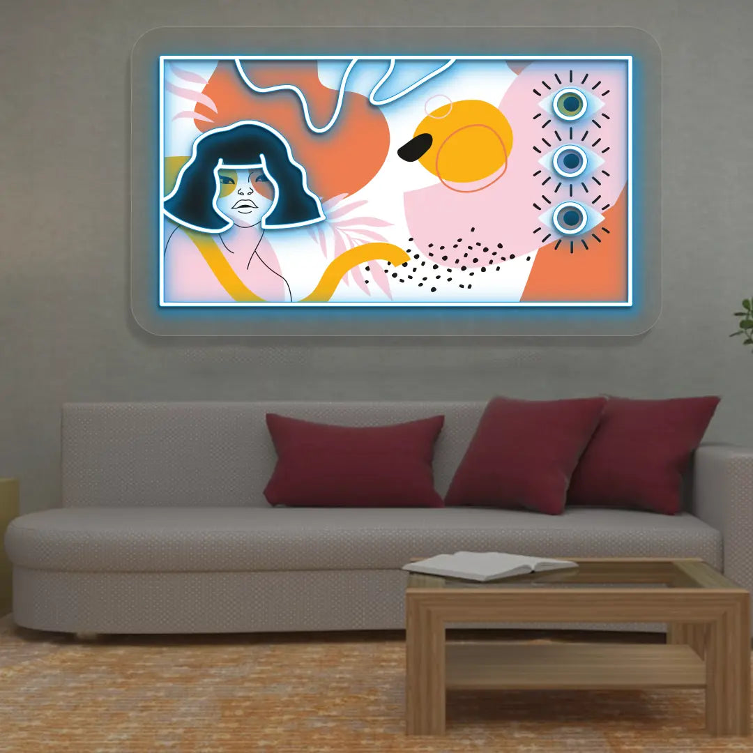 ice blue abstract canvas Neon Artwork Sign mounted on a wall