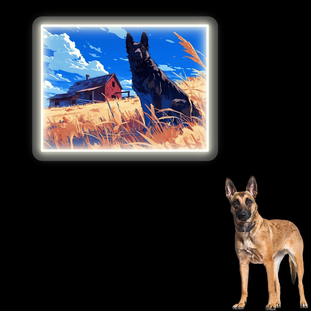 Golden Field German Shepherd Farm Neon Artwork in Wite Color