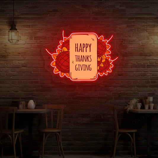 Happy thanksgiving sunflower neon sign in red