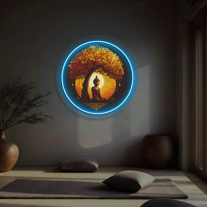 Golden Bodhi Buddha Neon Artwork lighting up in ice blue color in a yoga room