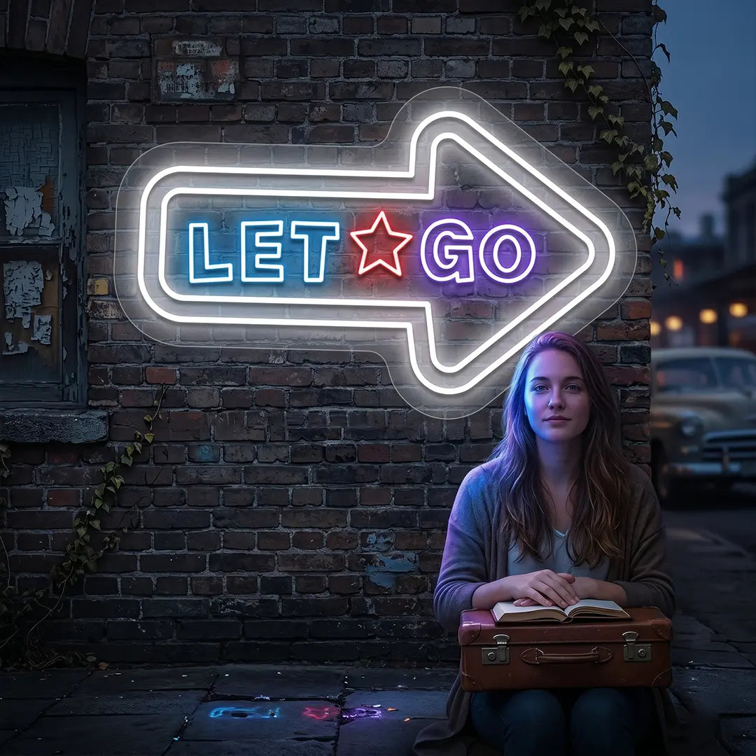 white let go arrow vintage neon sign mounted on a wall