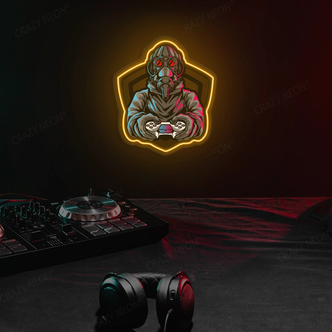 Gas Mask Soldier Gamer Neon Artwork in orange color