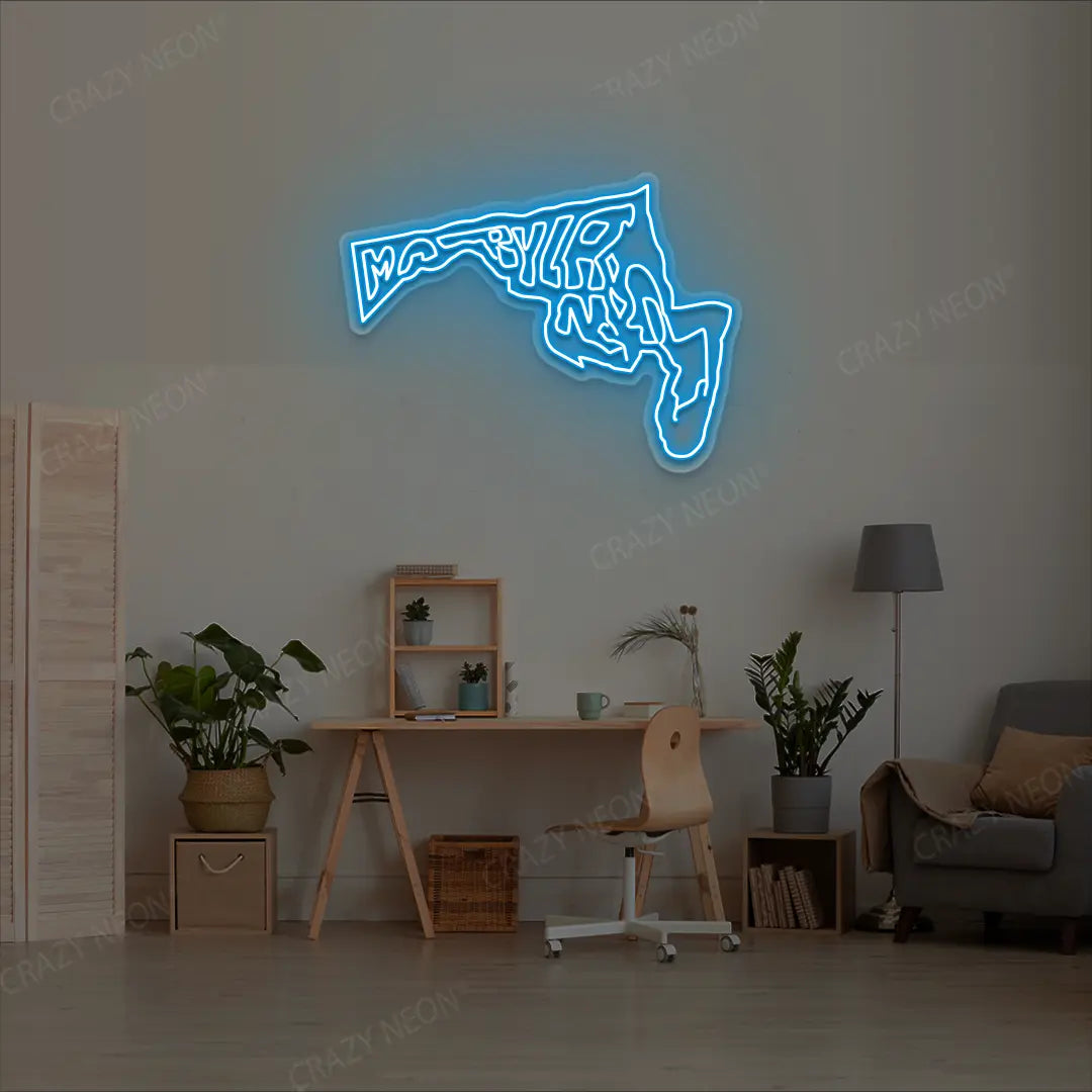 MARYLAND Map Neon Sign lighting up in iceblue color in a room