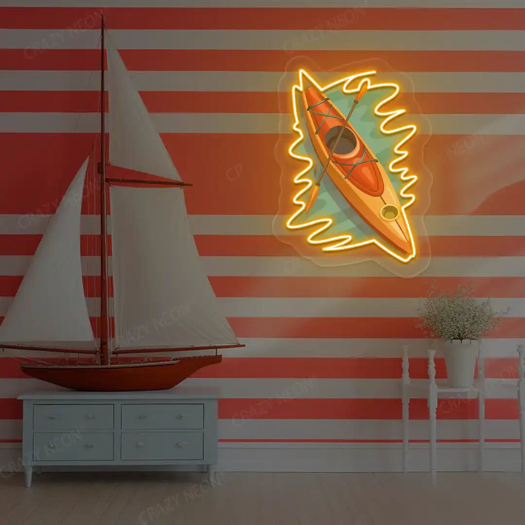 orange floating kayak neon artwork mounted on a wall