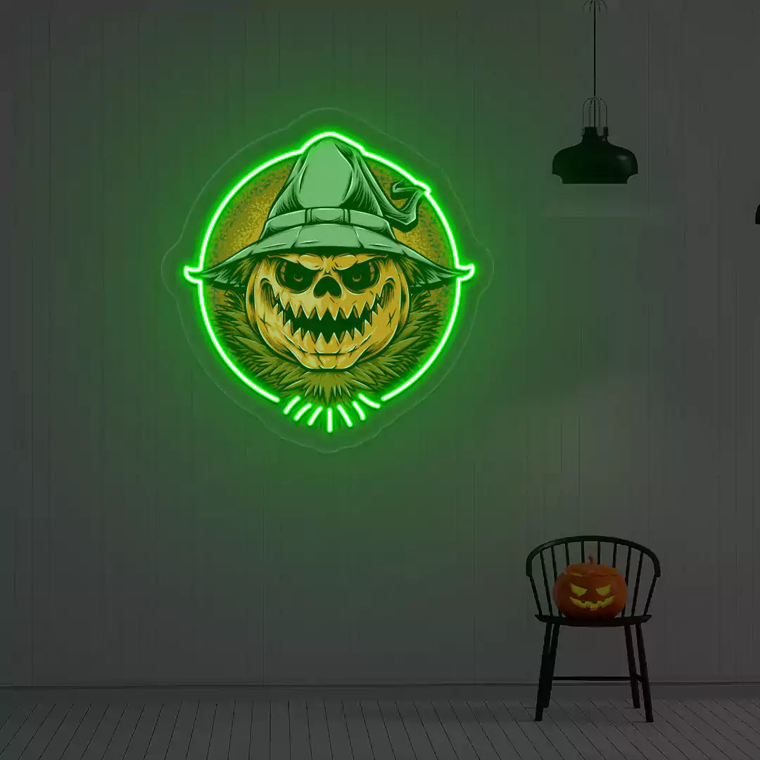 Witch Pumpkin Scarecrow Neon Artwork | Green