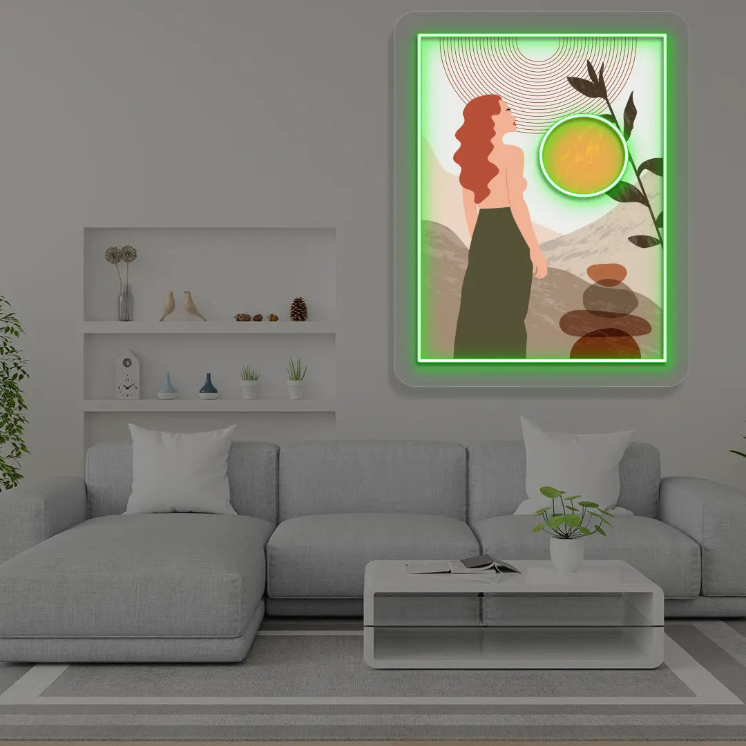 green abstract chic Neon Artwork Sign mounted on a wall