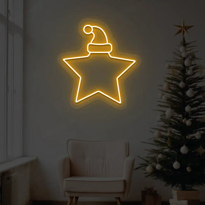 Santa Hat On Star Neon Sign | Orange