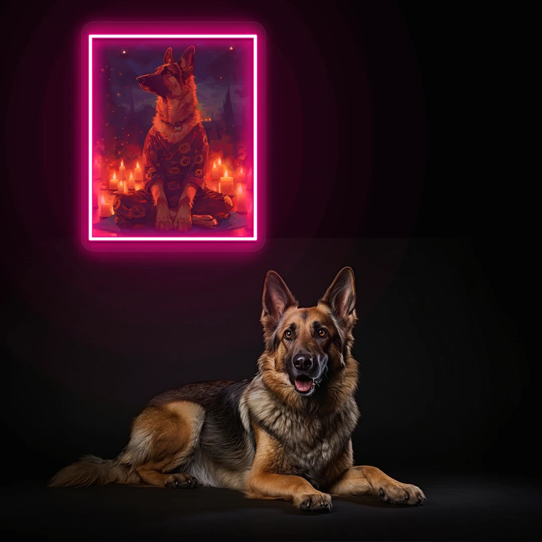Candlelight Zen German Shepherd Neon Artwork in Pink color