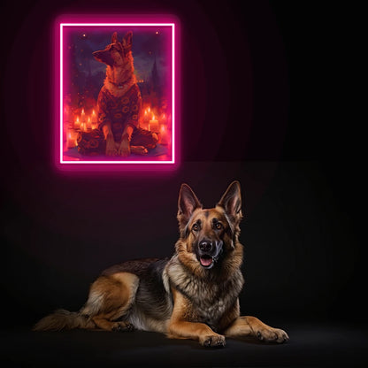 Candlelight Zen German Shepherd Neon Artwork in Pink color
