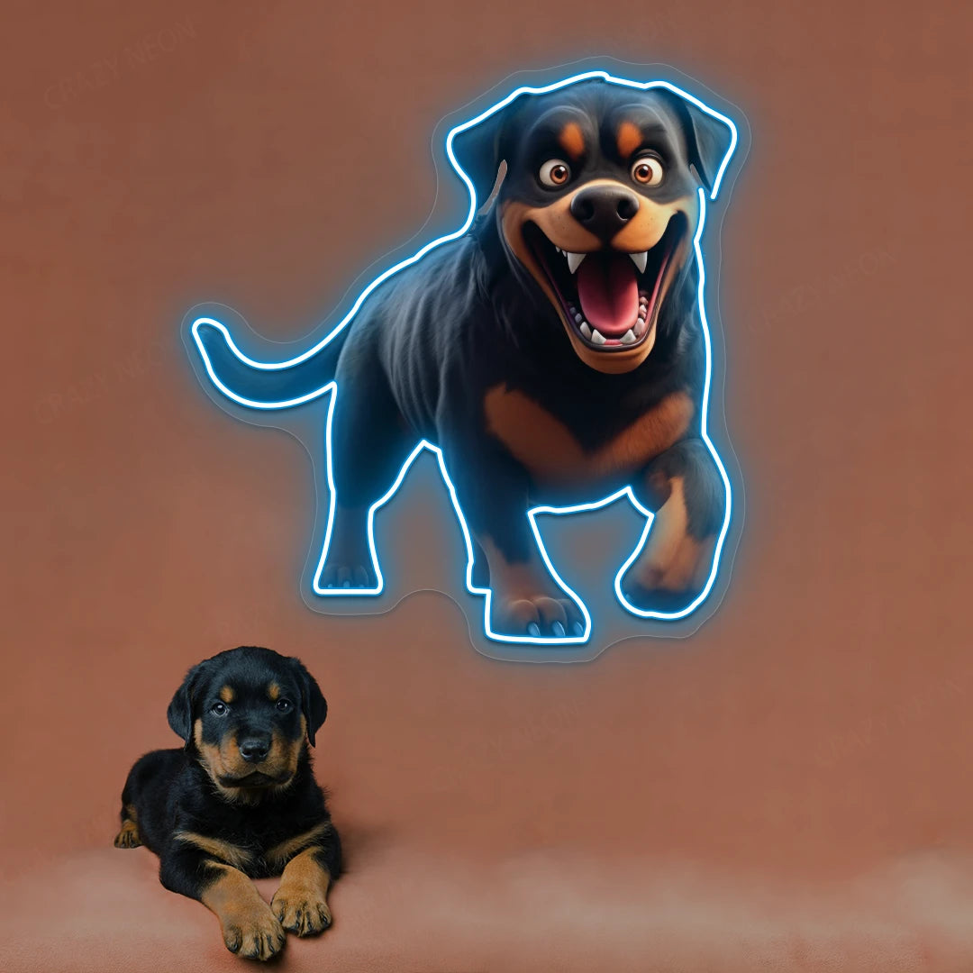 Playful Puppy Rottweiler Neon Artwork in iceblue color