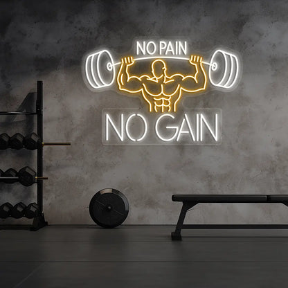 orange and white no pain no gain bodybuilder neon sign mounted on a wall