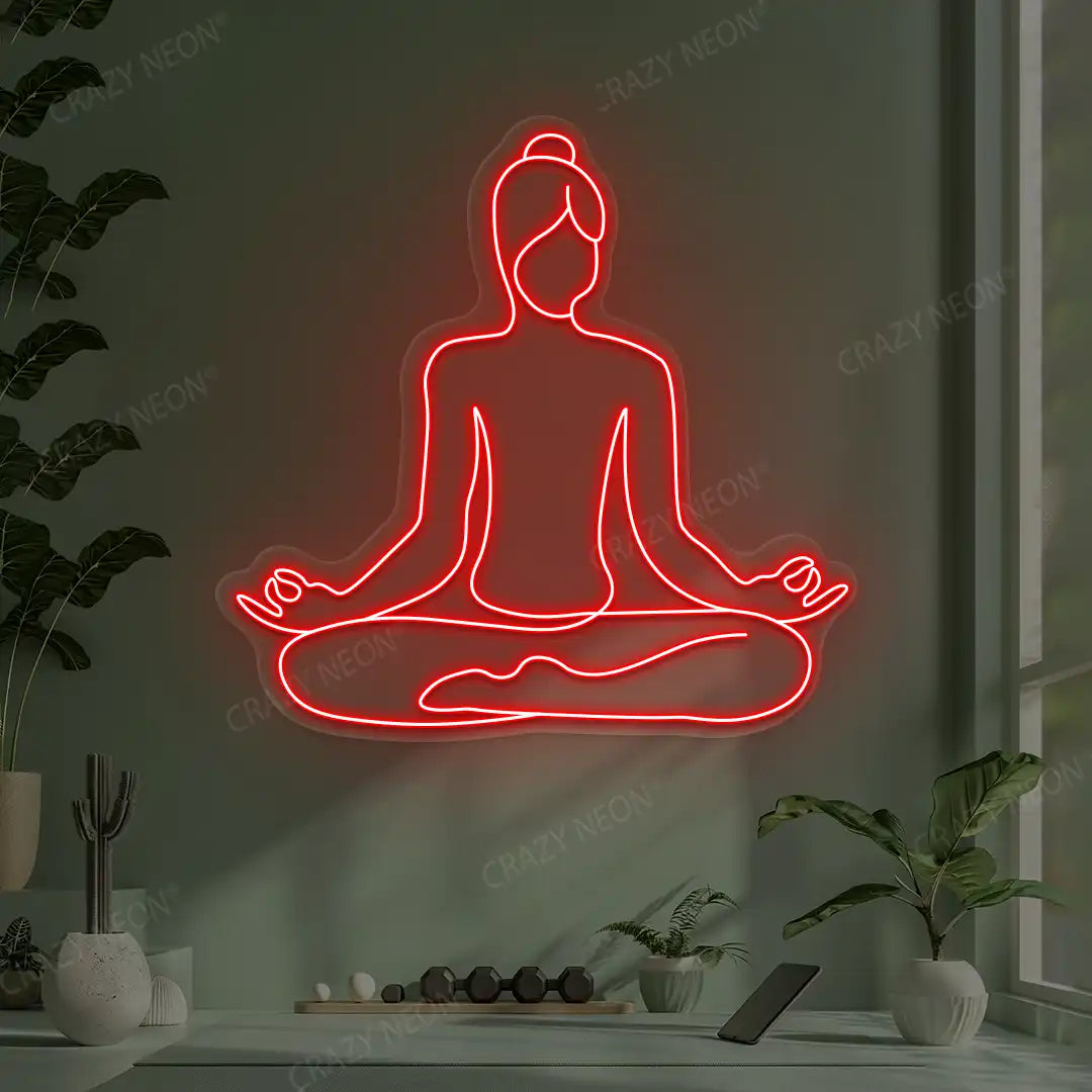 Swastikasana Contour Yoga Neon Sign lighting up in red color in a yoga room