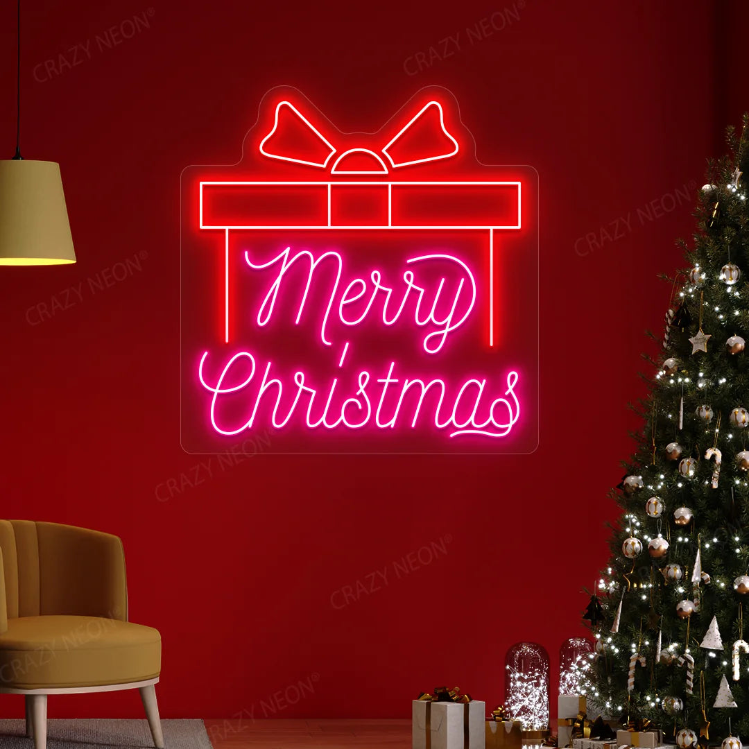 Merry Christmas Gift Box Neon Sign | Pink