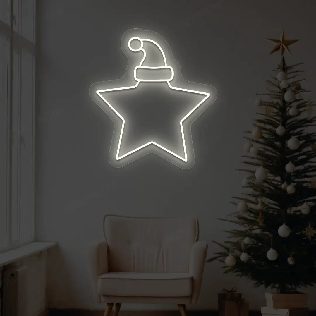 Santa Hat On Star Neon Sign | White