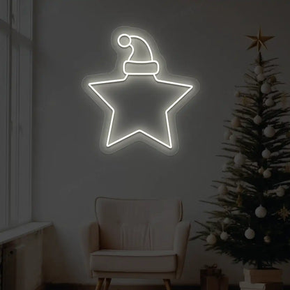Santa Hat On Star Neon Sign | White