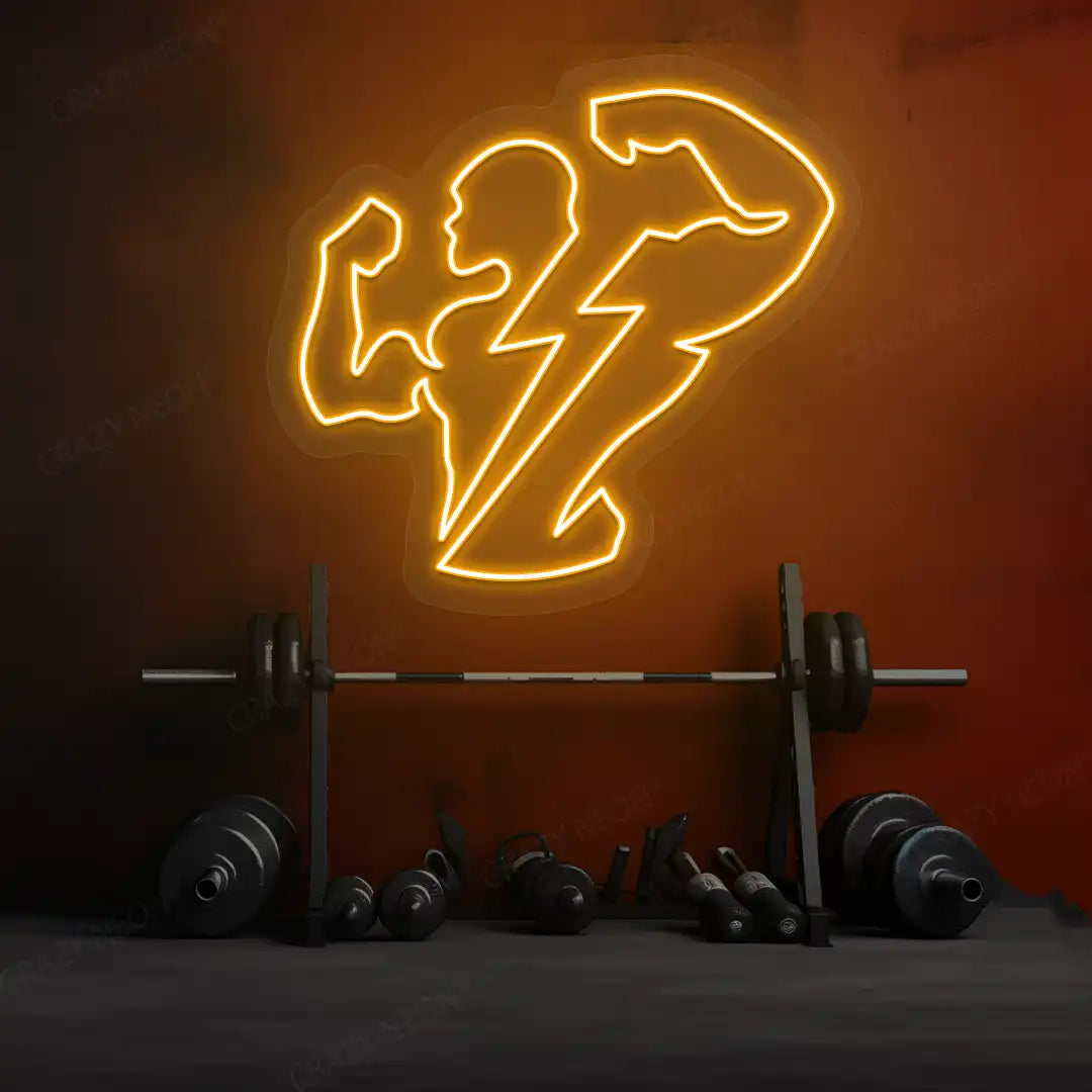 orange thunder bolt physique neon sign mounted on a wall