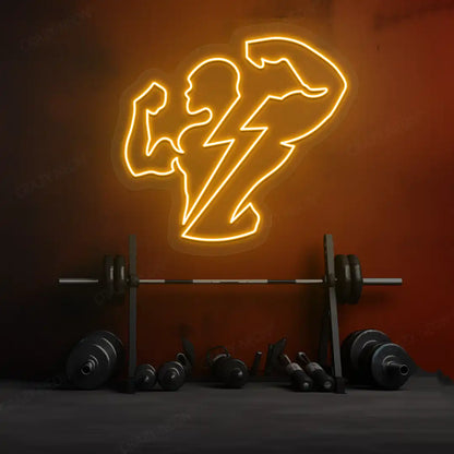 orange thunder bolt physique neon sign mounted on a wall