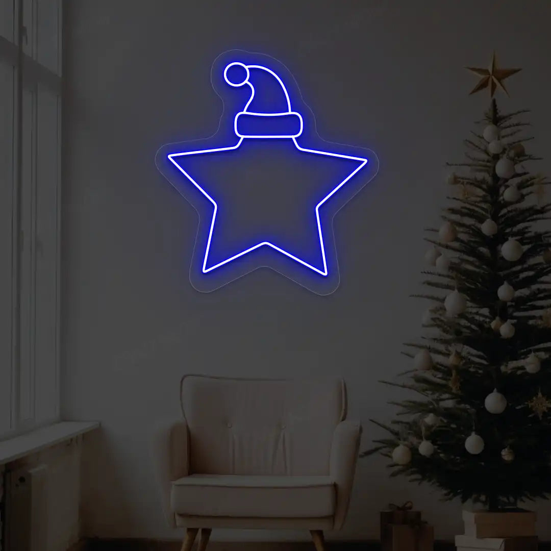 Santa Hat On Star Neon Sign | Blue