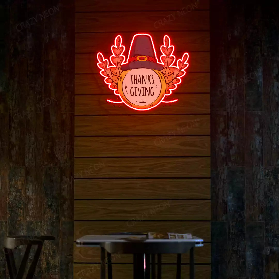Pilgrim hat and wheat thanksgiving neon sign in red